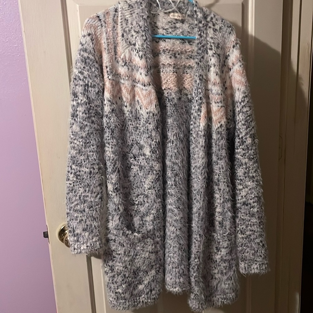 Retrology XL Long Feather Knit Cardigan Pink Gray Cream Open Front Cozy Sweater